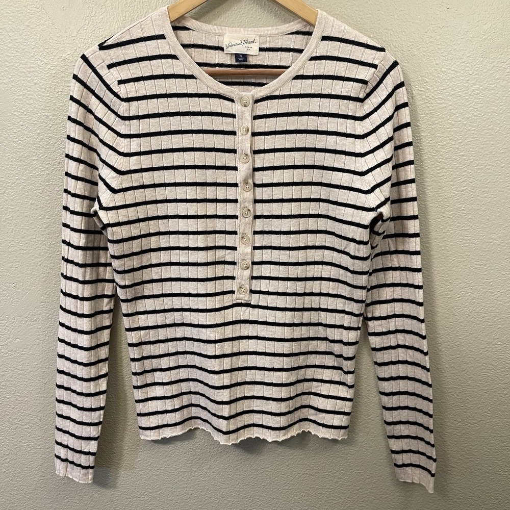 Universal Thread Long Sleeve Striped Top Half Button Beige Black Capsule Size XL